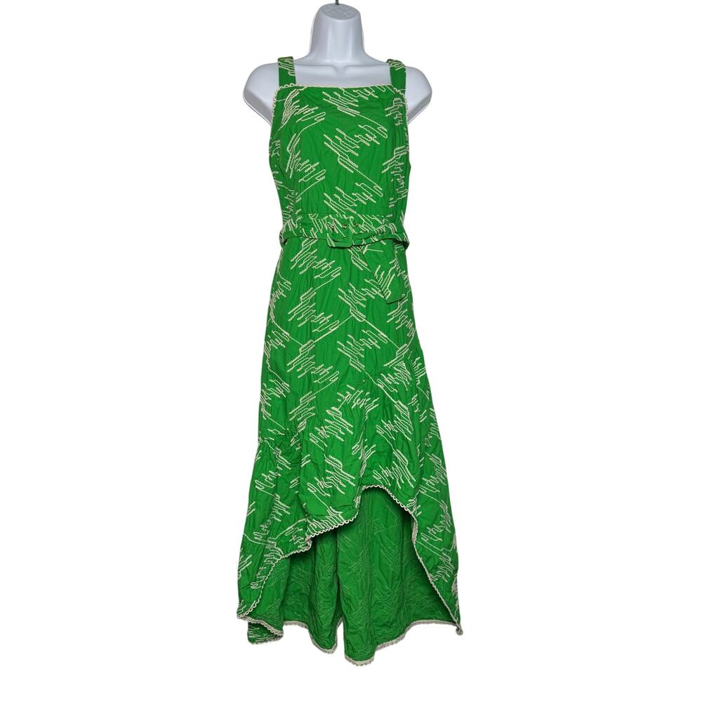Ciebon Dress Green White Embroidery High Low Size LARGE Straps Cotton Party
